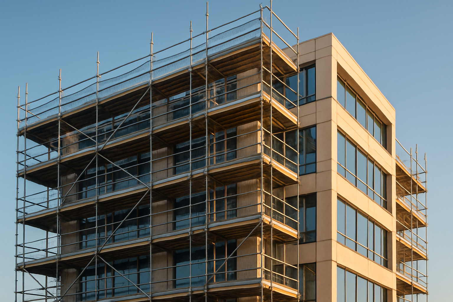 Generate a high quality and proffesional pitcture of a building with scaffolding 